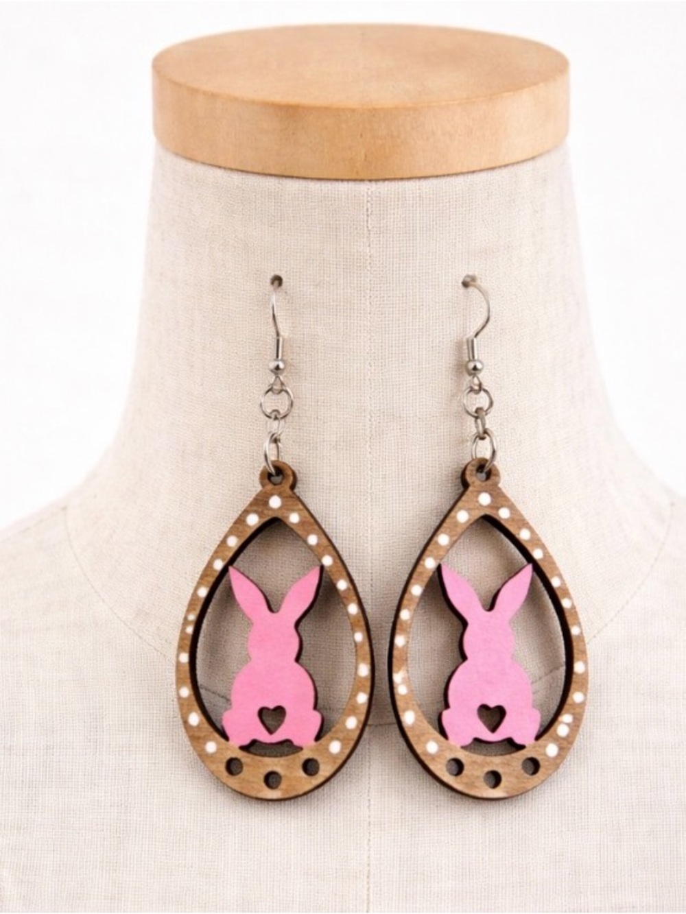 Handmade Pink Bunny Polka Dot Wooden Teardrop Dangle Earrings Easter Spring